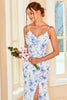 Load image into Gallery viewer, Sheath Spaghetti Straps Blue Floral Print Long Bridesmaid Dress with Split Front