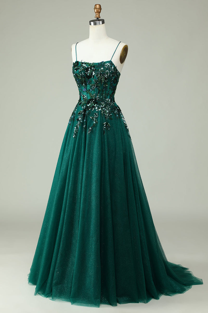 Load image into Gallery viewer, A Line Spaghetti Straps Dark Green Corset Prom Dress with Appliques