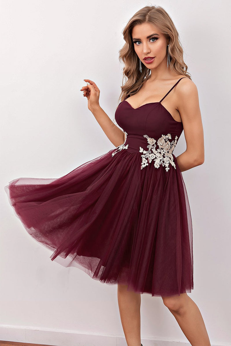 Zapaka Women Short Prom Dress Burgundy Spaghetti Straps Tulle