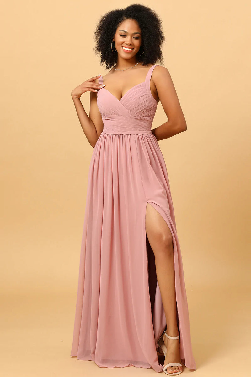 Zapaka Women Blush Long Bridesmaid Dress Beautiful A Line Party Dress with Split Front ZAPAKA UK
