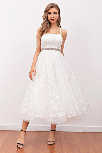 White Lace Midi Prom Dress(Belt Not Included)