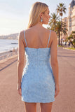 Pink Bodycon Beaded Spaghetti Straps Cocktail Dress with Bow