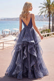 Dusty Blue A Line Ruffled Spaghetti Straps Long Prom Dress