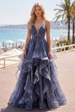 Dusty Blue A Line Ruffled Spaghetti Straps Long Prom Dress