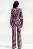 Green Floral Single Breasted 2 Piece Round Neck Jacquard Women Suits