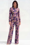 Green Floral Single Breasted 2 Piece Round Neck Jacquard Women Suits