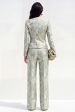 Green Floral Single Breasted 2 Piece Round Neck Jacquard Women Suits