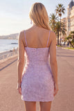 Pink Bodycon Beaded Spaghetti Straps Cocktail Dress with Bow