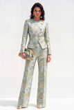 Green Floral Single Breasted 2 Piece Round Neck Jacquard Women Suits