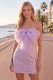 Pink Bodycon Beaded Spaghetti Straps Cocktail Dress with Bow
