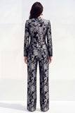Green Floral Single Breasted 2 Piece Round Neck Jacquard Women Suits