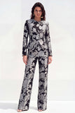 Green Floral Single Breasted 2 Piece Round Neck Jacquard Women Suits