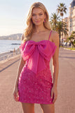Pink Bodycon Beaded Spaghetti Straps Cocktail Dress with Bow