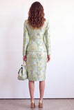 2 Piece Green Flower Peak Lapel Single Breasted Jacquard Work Dress with Slit