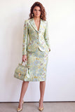 2 Piece Green Flower Peak Lapel Single Breasted Jacquard Work Dress with Slit