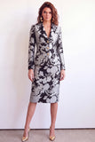 2 Piece Green Flower Peak Lapel Single Breasted Jacquard Work Dress with Slit
