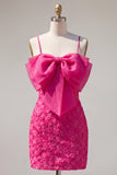 Pink Bodycon Beaded Spaghetti Straps Cocktail Dress with Bow