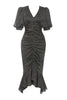 Load image into Gallery viewer, Black Bodycon V Neck Polka Dot Ruched Prom Dress with Puff Sleeves