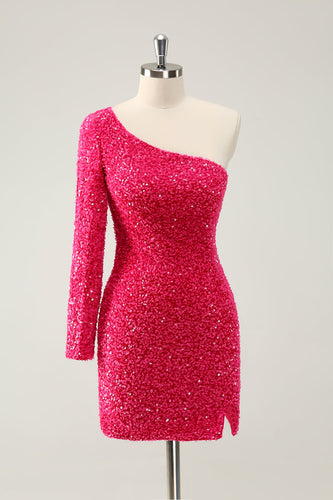 Hot Pink One Shoulder Glitter Sequins Graduation Dress with Slit