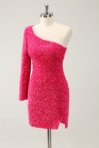 Hot Pink One Shoulder Glitter Sequins Graduation Dress with Slit