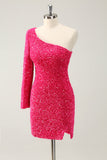 Hot Pink One Shoulder Glitter Sequins Graduation Dress with Slit