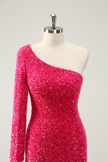 Hot Pink One Shoulder Glitter Sequins Graduation Dress with Slit