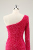 Load image into Gallery viewer, Hot Pink One Shoulder Glitter Sequins Graduation Dress with Slit