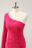 Hot Pink One Shoulder Glitter Sequins Graduation Dress with Slit