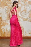 Sparkly Mermaid One Shoulder Hot Pink Sequins Long Prom Dress with Slit