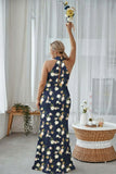 Sheath Halter Blue White Flower Plus Size Printed Long Bridesmaid Dress