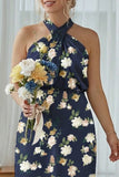 Sheath Halter Blue White Flower Plus Size Printed Long Bridesmaid Dress