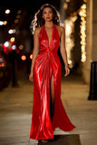 Gold Halter Metallic Ruched Long Formal Dress wth Slit