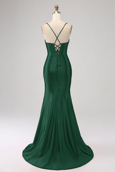Stunning Mermaid Spaghetti Straps Dark Green Corset Prom Dress with Split Front