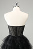 Load image into Gallery viewer, Sparkly A Line Black Sweetheart Tiered Corset Cute Graduation Dress