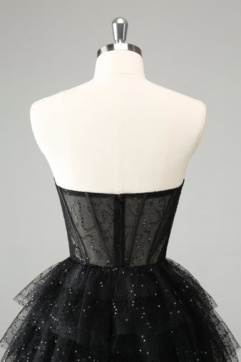 Sparkly A Line Black Sweetheart Tiered Corset Cute Graduation Dress