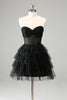 Load image into Gallery viewer, Sparkly Cute A Line Black Sweetheart Tiered Corset Graduation Dress