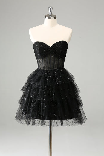 Sparkly Cute A Line Black Sweetheart Tiered Corset Graduation Dress