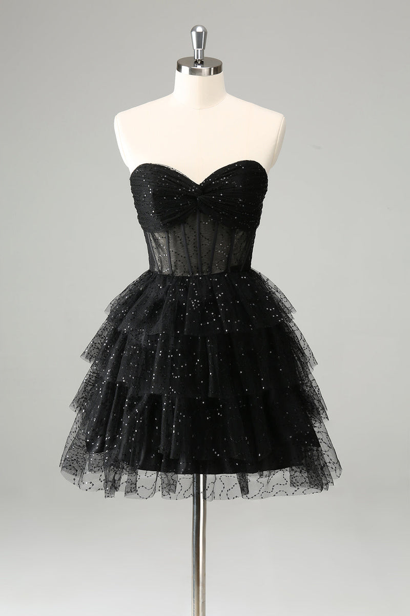 Load image into Gallery viewer, Sparkly Cute A Line Black Sweetheart Tiered Corset Graduation Dress