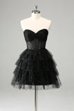 Sparkly Cute A Line Black Sweetheart Tiered Corset Graduation Dress