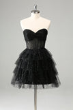 Sparkly A Line Black Sweetheart Tiered Corset Cute Graduation Dress