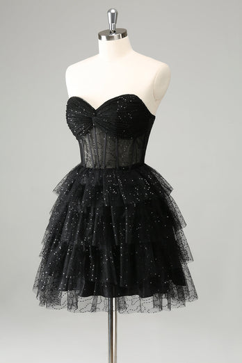 Sparkly Cute A Line Black Sweetheart Tiered Corset Graduation Dress