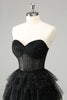 Load image into Gallery viewer, Sparkly A Line Black Sweetheart Tiered Corset Cute Graduation Dress