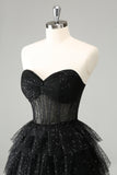 Sparkly A Line Black Sweetheart Tiered Corset Cute Graduation Dress