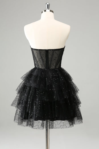 Sparkly Cute A Line Black Sweetheart Tiered Corset Graduation Dress