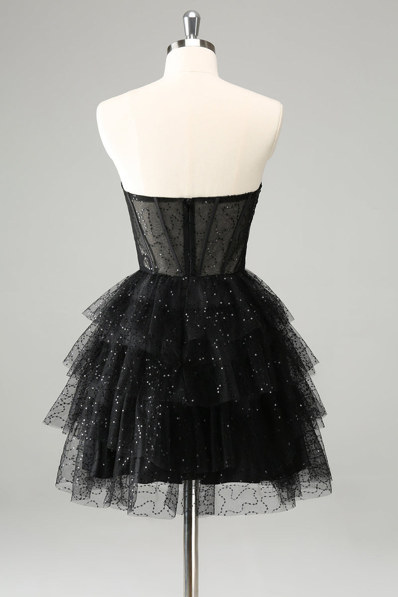 Load image into Gallery viewer, Sparkly Cute A Line Black Sweetheart Tiered Corset Graduation Dress