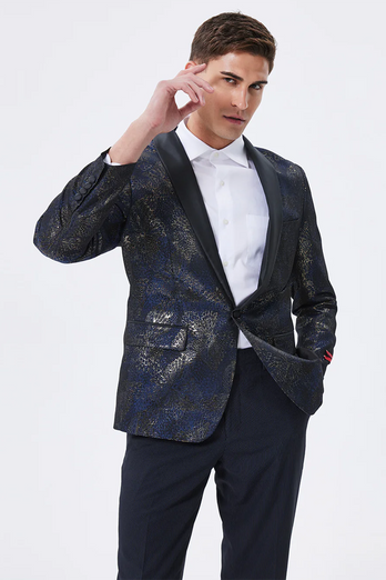 Dark Navy Jacquard Shawl Lapel Men's Prom Blazer