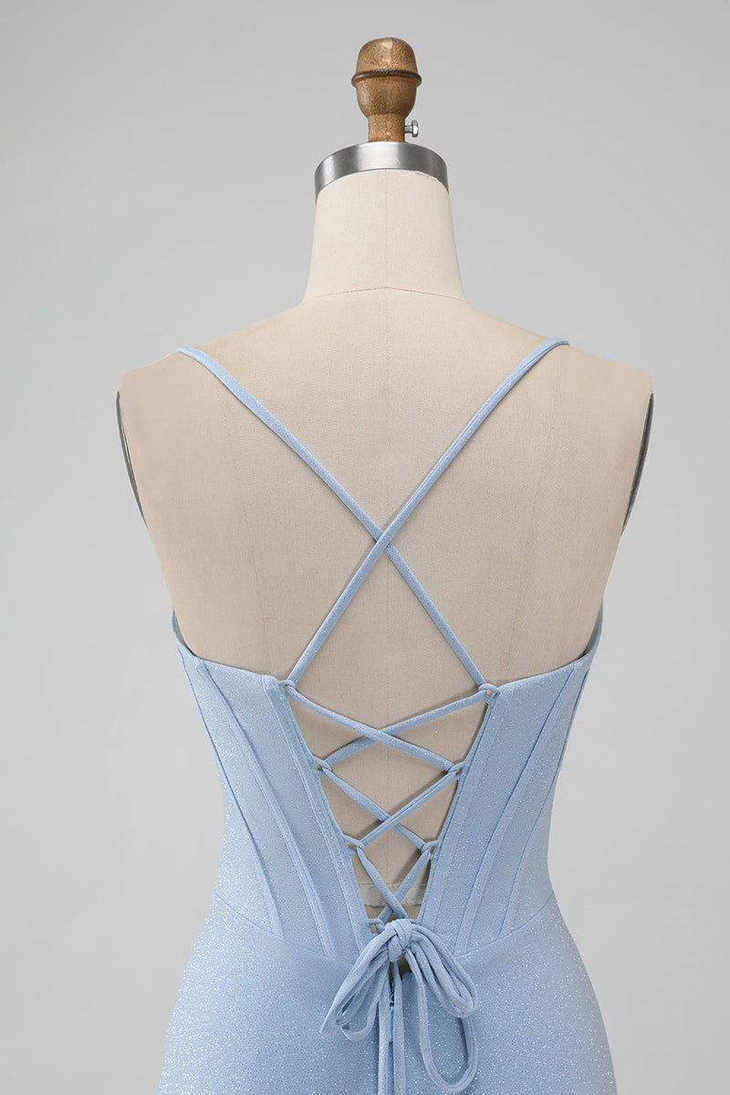 Load image into Gallery viewer, Light Blue Bodycon Corset Spaghetti Straps Short Graduation Dress