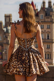 Sparkly Khaki Leopard Printed Short Cocktail Dress