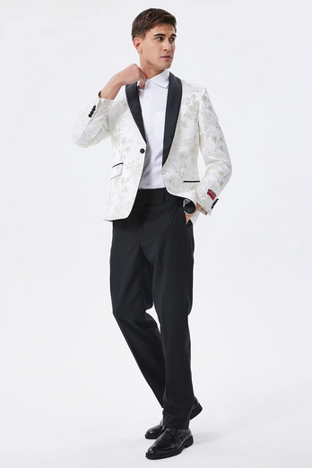 Sparkly White Floral Embroidered Shawl Lapel Men's Blazer