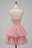 Pink Halter Neck Ruffled A-Line Short Cocktail Dress